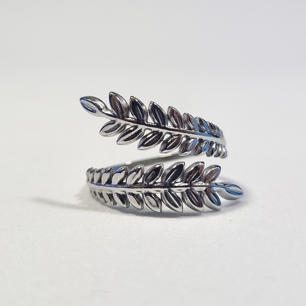 Anillo plateado hoja doble